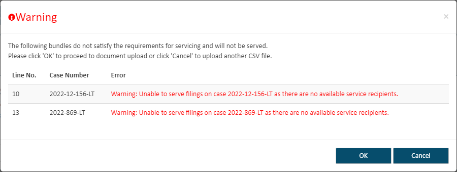 Warning dialog - servicing